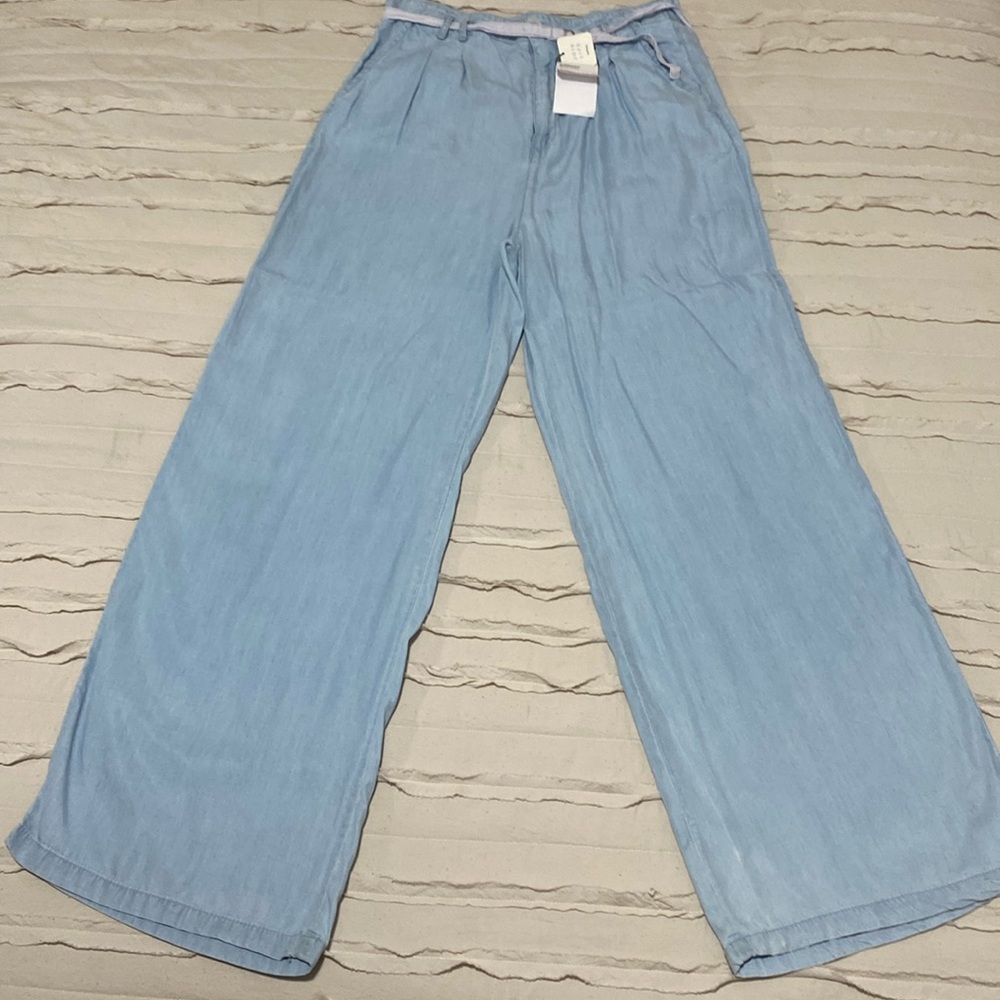 High waist blue wide leg trouser pants